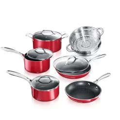 Cheap 👍 GRANITESTONE 10-Piece Aluminum Red Ultra-Durable Non-Stick Diamond Infused Cookware Set With Glass Lids 🎁