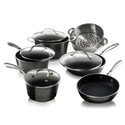 Best deal 🤩 GRANITESTONE 10-Piece Aluminum 🔨 Hammered Ultra-Durable Non-Stick Diamond Infused Cookware Set In Pewter 🔔