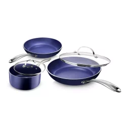 Cheap 😍 GRANITESTONE Classic Blue 5-Piece Aluminum Ultra-Durable Non-Stick Diamond Infused Cookware Set With Glass Lids 😍