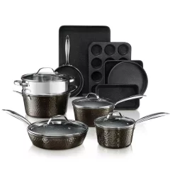 Cheapest 🎉 GRANITESTONE 15-Piece Aluminum 🔨 Hammered Ultra-Durable Non-Stick Diamond Infused Cookware And Bakeware Set 🔔