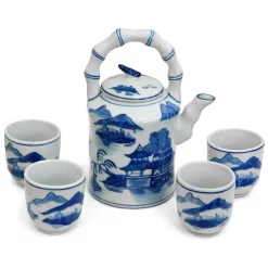 Deals ⌛ Oriental Furniture Oriental Furniture Landscape Blue And White Porcelain Tea Set ⭐
