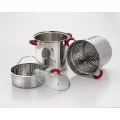 Discount ๐ฅฐ ExcelSteel 12 Qt. Stainless Steel Multi-Cooker Pasta Pot With Lid And Red Silicone Handles โ