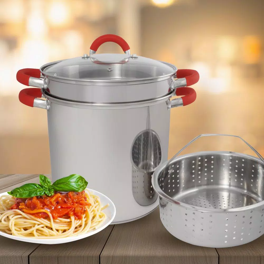 Discount 🥰 ExcelSteel 12 Qt. Stainless Steel Multi-Cooker Pasta Pot With Lid And Red Silicone Handles ⌛ 8 Discount 🥰 ExcelSteel 12 Qt. Stainless Steel Multi-Cooker Pasta Pot With Lid And Red Silicone Handles ⌛ - Image 8