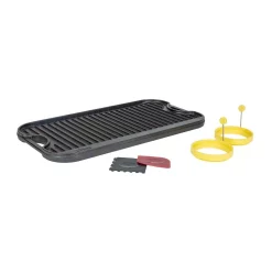 Discount 🎉 Lodge 5-Piece Black Cast Iron Reversible Stovetop Griddle Set With Egg Rings 👏