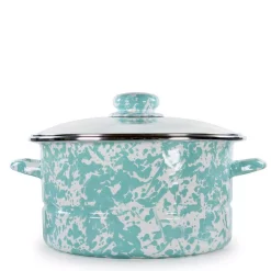 New 🛒 Golden Rabbit Enamelware 6 Qt. Porcelain-Coated Steel Stock Pot In Sea Glass With Glass Lid 😀