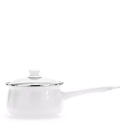Deals 👍 Golden Rabbit Enamelware 1.25 Qt. Porcelain-Coated Steel Sauce Pan In Solid White With Glass Lid 💯