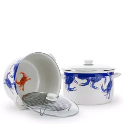 Outlet ✨ Golden Rabbit Blue Crab 18 Qt. Porcelain-Coated Steel Stock Pot In Blue With Glass Lid 🌟